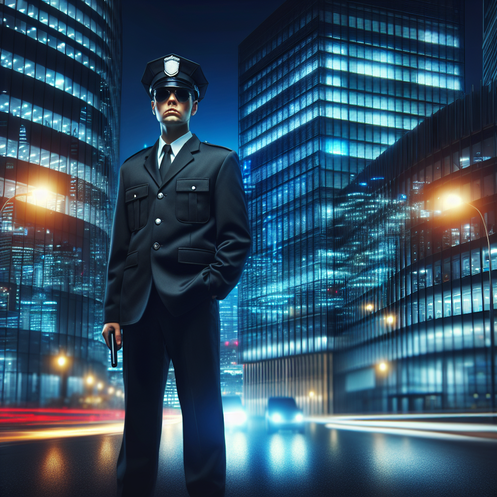 A professional 24/7 security guard standing watch outside a corporate building at night with city lights in the background