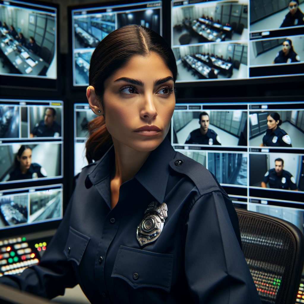 A dedicated 24/7 security guard monitoring surveillance screens in a control room, showcasing high-tech equipment and multiple camera feeds