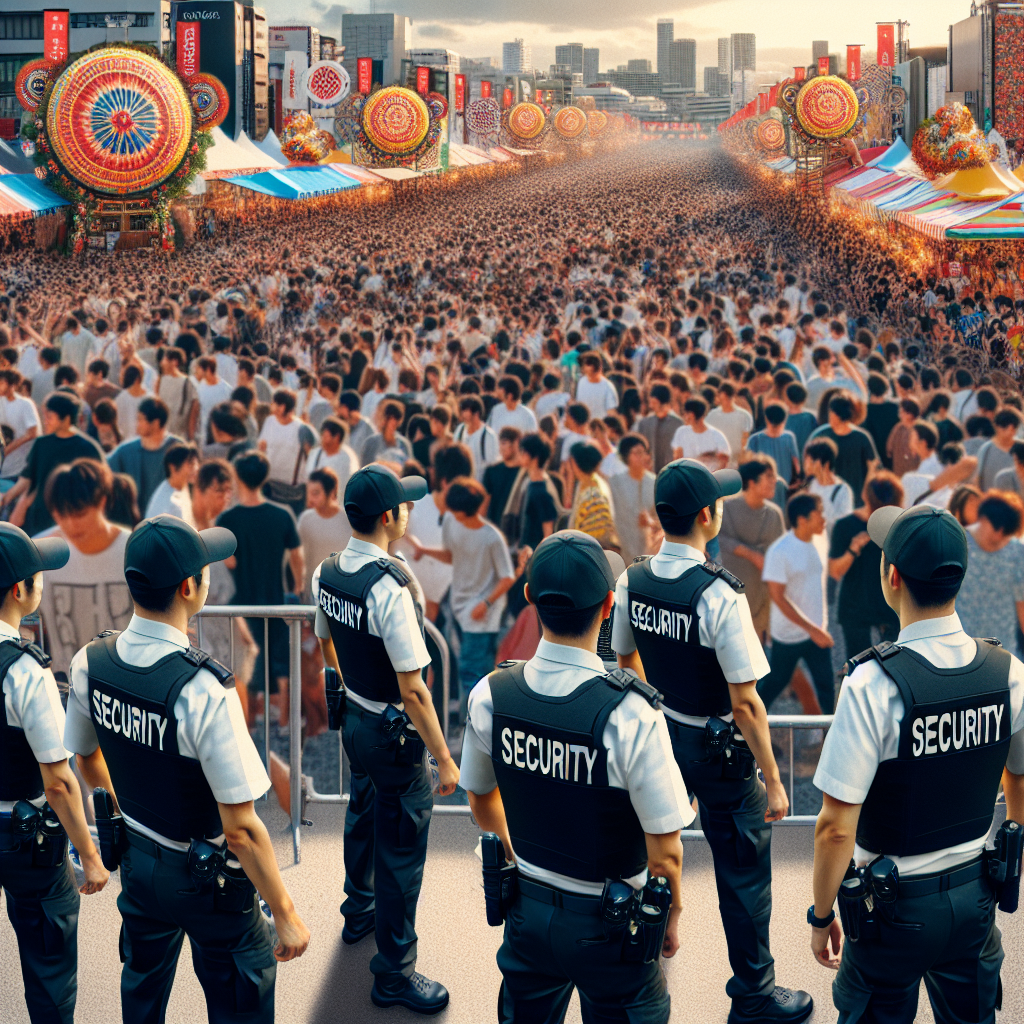 A bustling event venue with 24/7 security guards managing crowds and ensuring safety during an outdoor festival