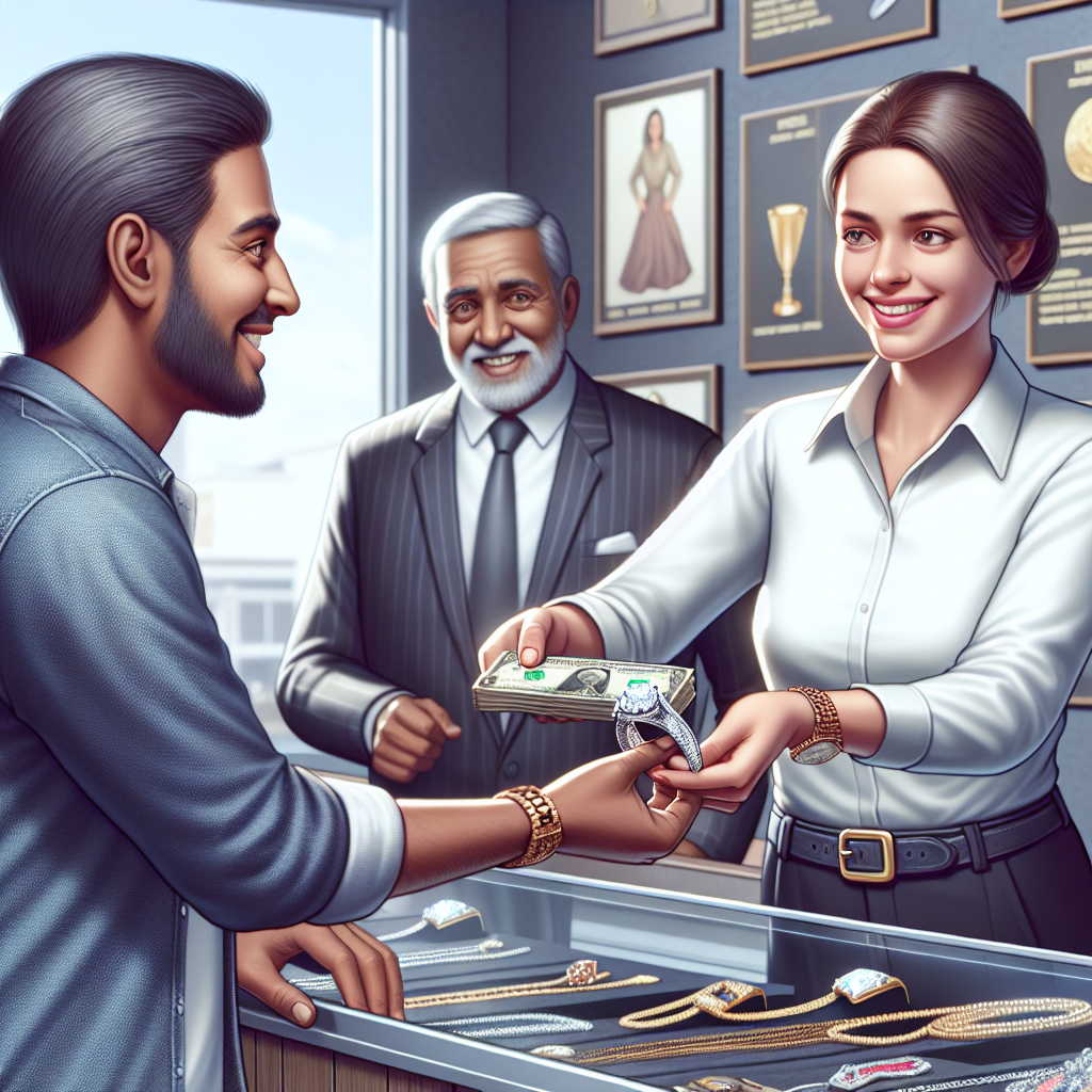 A person handing over a diamond ring to a smiling pawn shop owner in exchange for cash