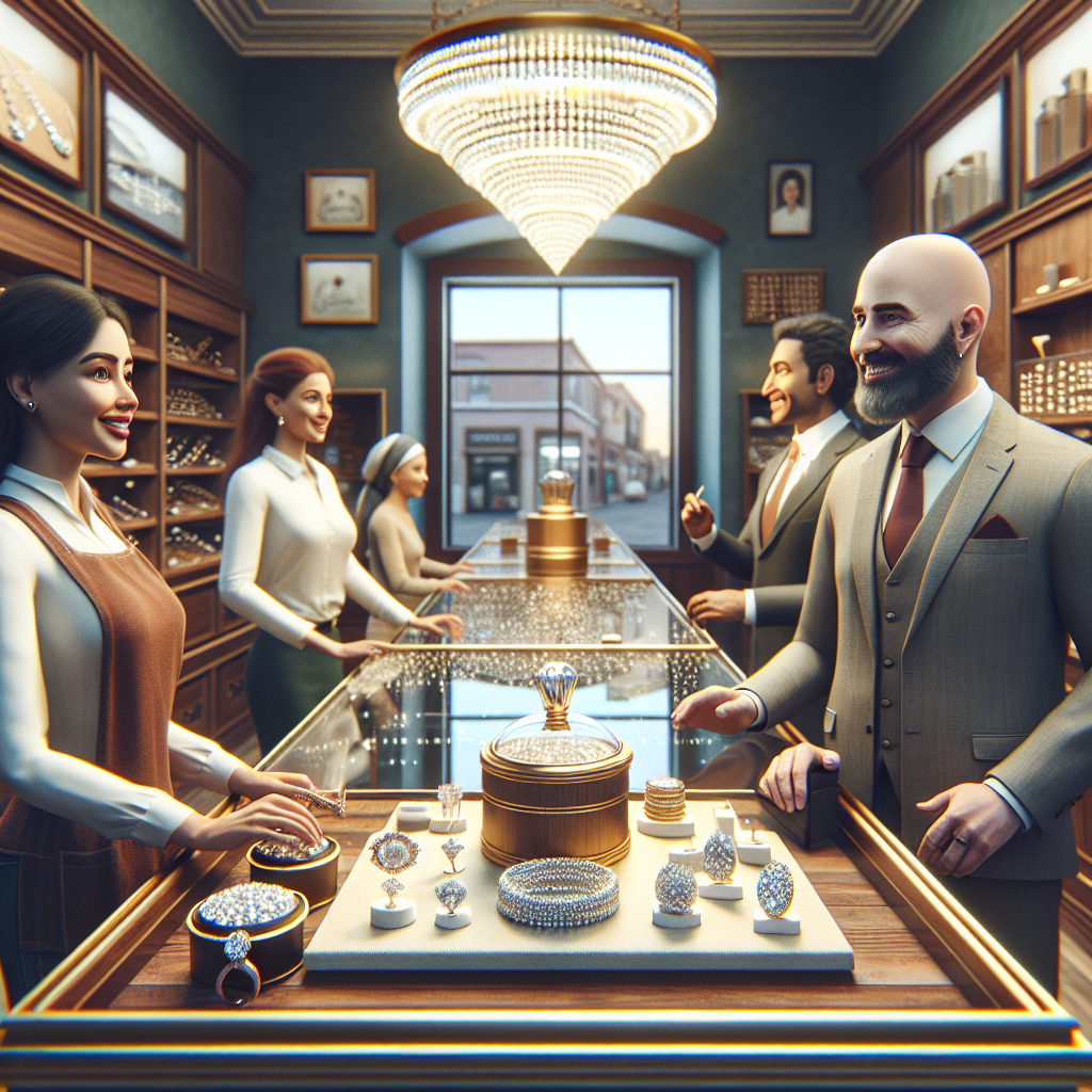 A welcoming pawn shop interior showcasing various luxury items including diamonds and jewelry with friendly staff assisting customers