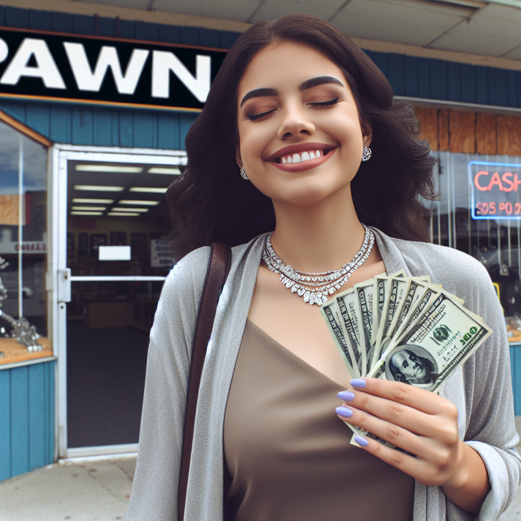 A happy customer leaving a pawn shop with cash in hand and a smile on their face after selling diamonds