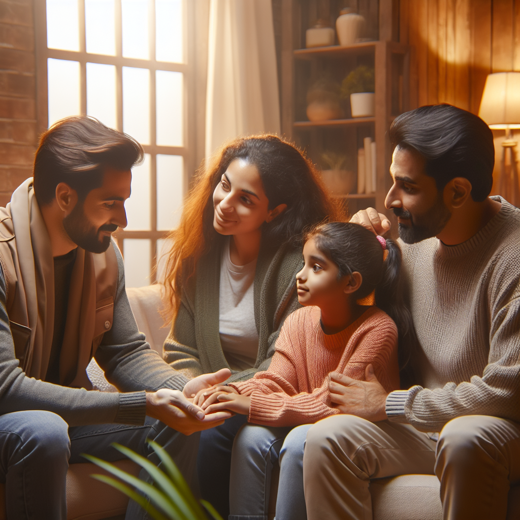 A warm and inviting scene depicting a family support worker engaging with a child and parents in a cozy home environment