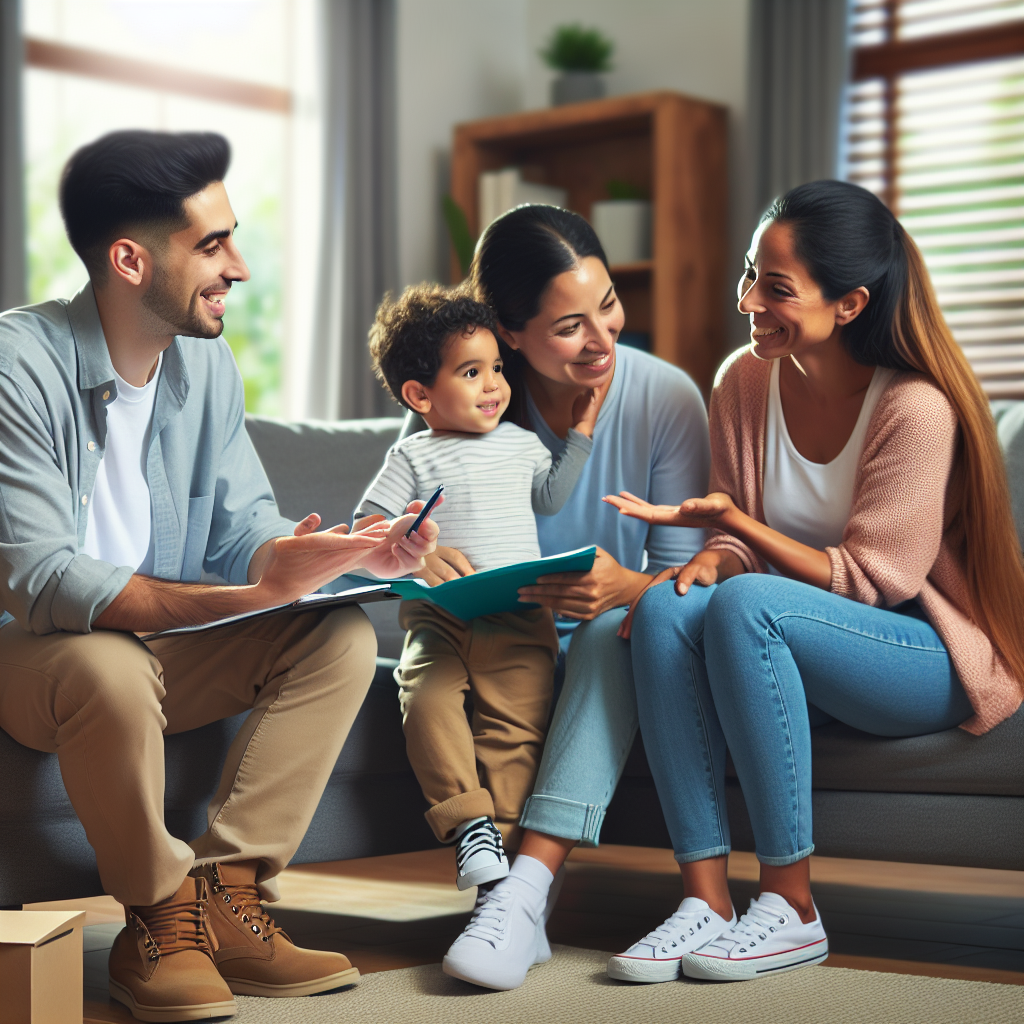 A dedicated family support worker discussing strategies with parents while engaging playfully with a child in a bright living room