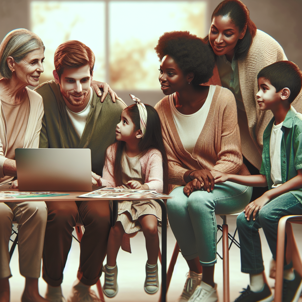 A vibrant scene showing a family support worker facilitating an engaging session with parents and children using interactive tools