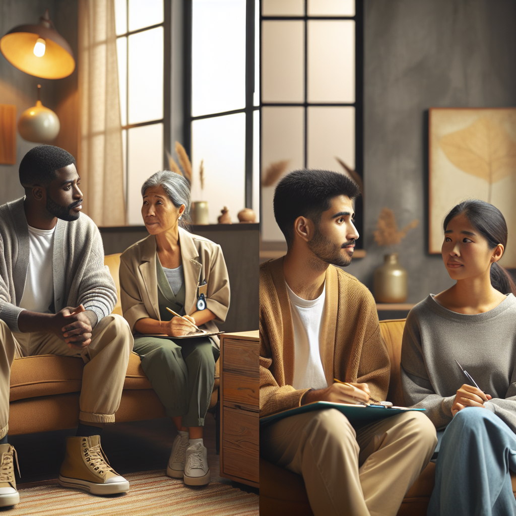 A diverse group of therapists engaging empathetically with clients in a welcoming therapy space that embodies trauma-informed care principles