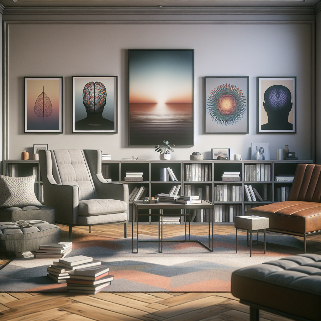 A therapist's office with books on psychology and framed art depicting healing journeys, representing traditional therapy methods