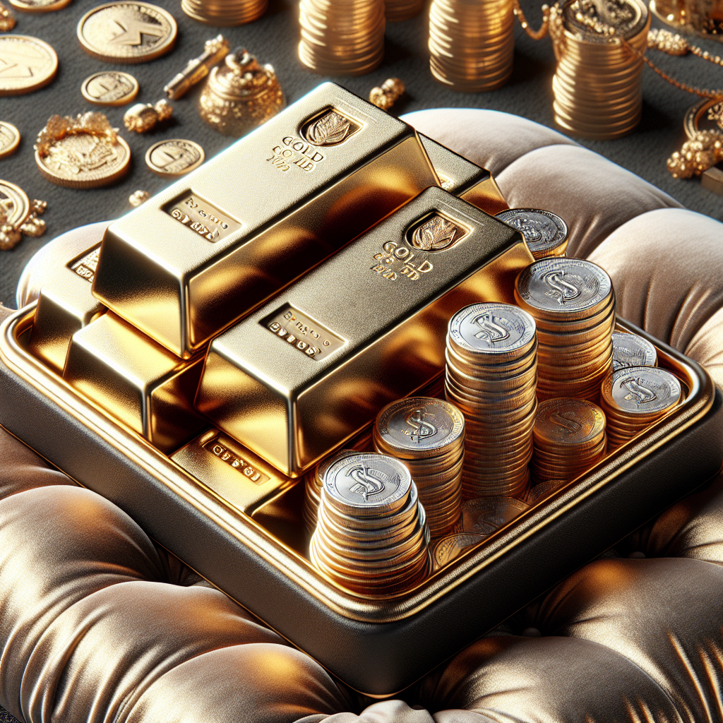 A close-up view of various precious metal investments including gold bars, silver coins stacked elegantly on a velvet cushion