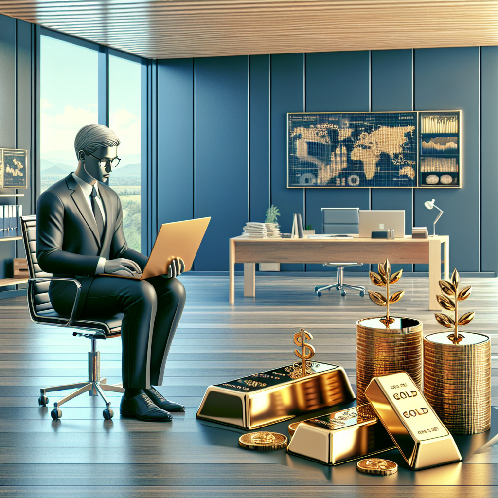 A sleek modern office setting where an investor reviews their portfolio on a laptop with gold bars and silver coins nearby