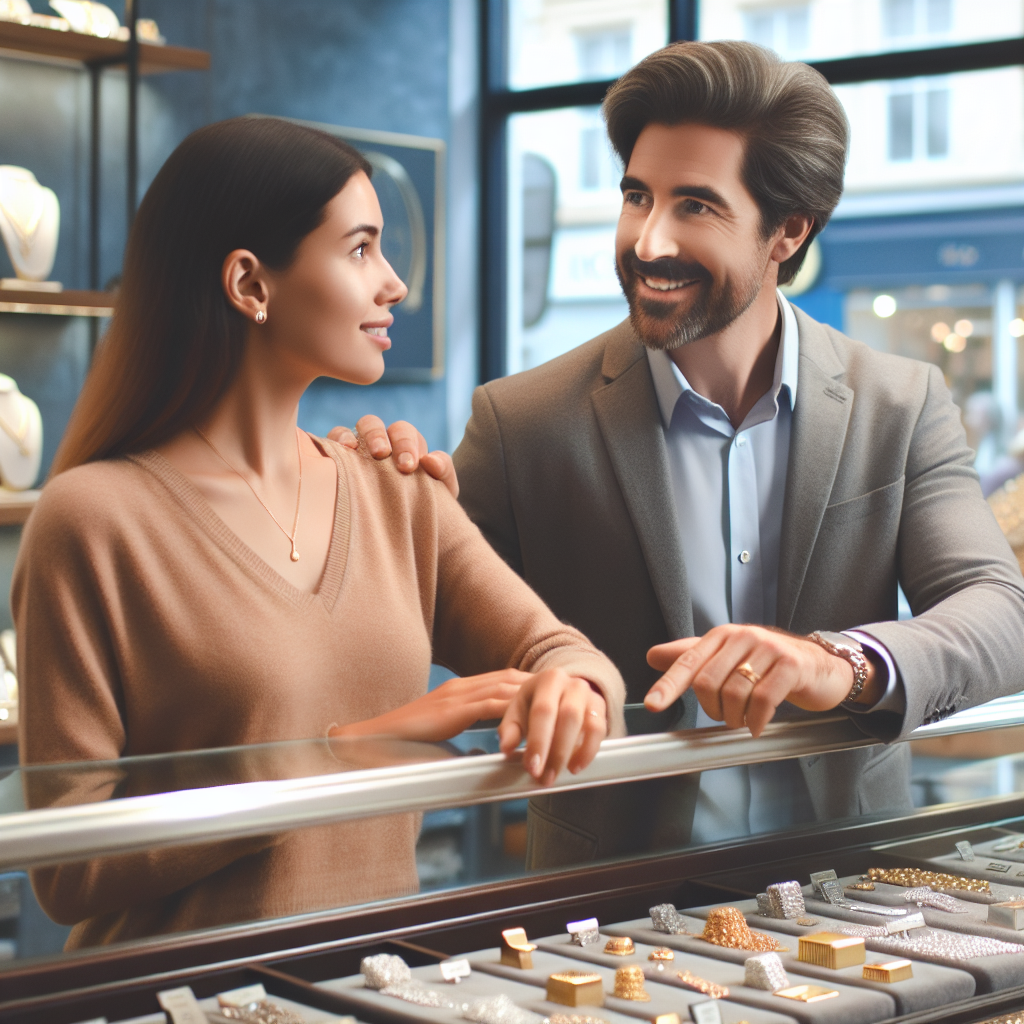 A friendly jeweler assisting a customer at Allen Gold & Silver Exchange showcasing various precious metal options