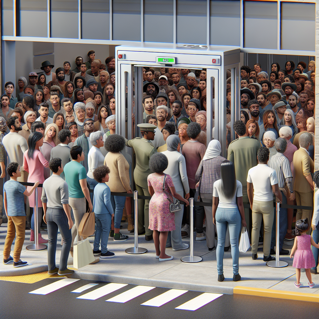 A busy retail store entrance with customers waiting due to a malfunctioning manual storefront gate