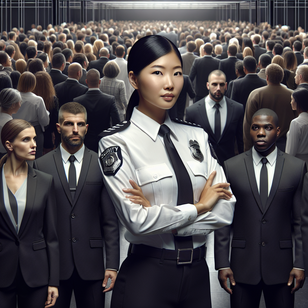 A diverse team of professional security personnel managing an upscale event with crowd control measures in place