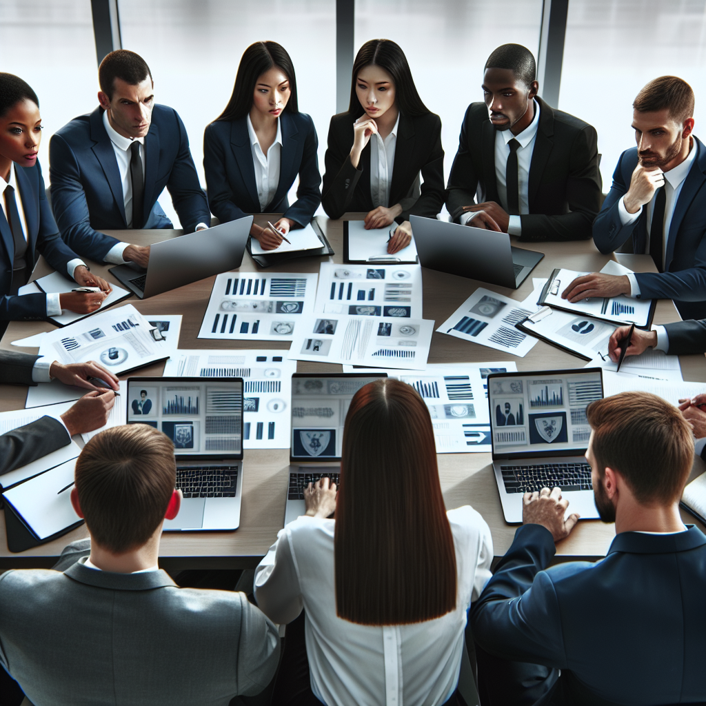 A professional team evaluating potential security service providers with documents and laptops open, analyzing data