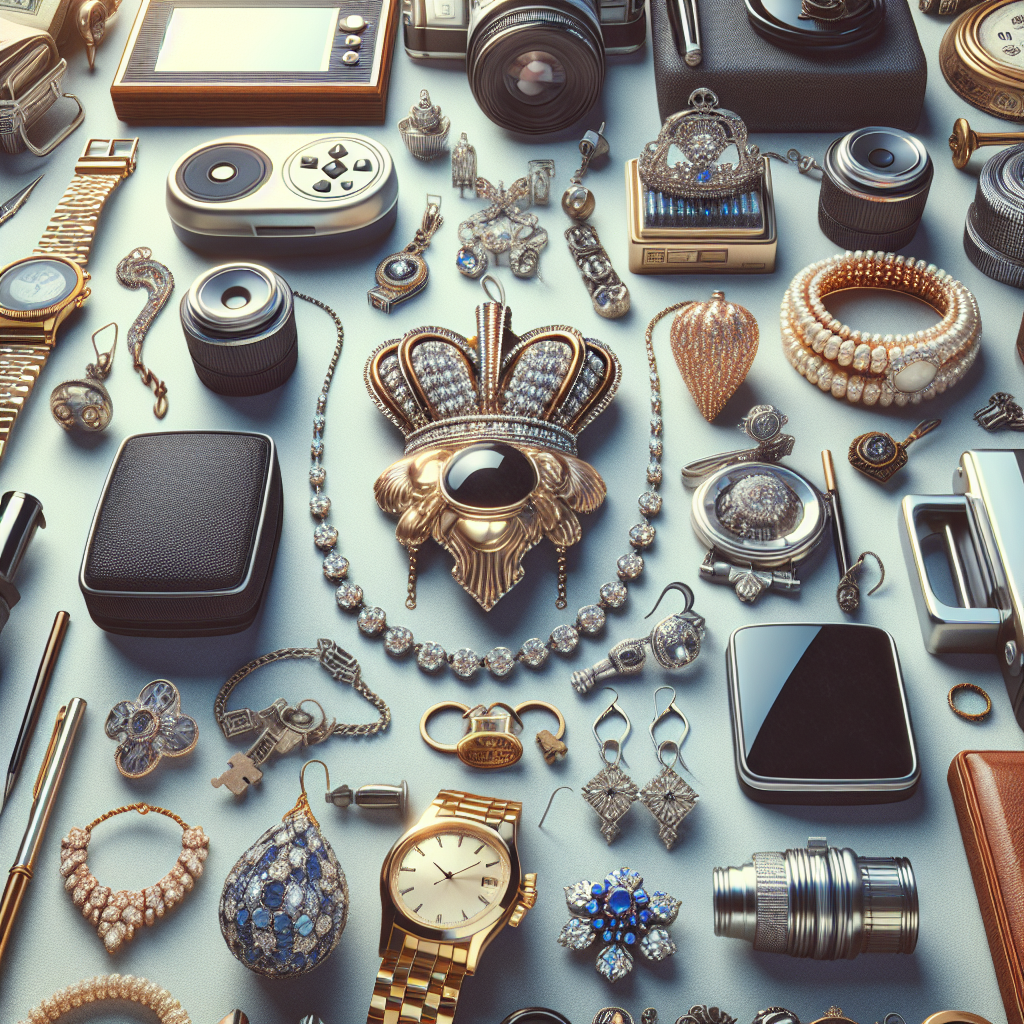 A close-up view of various valuable items ready for pawning at King Cash Pawn Shop including jewelry and electronics