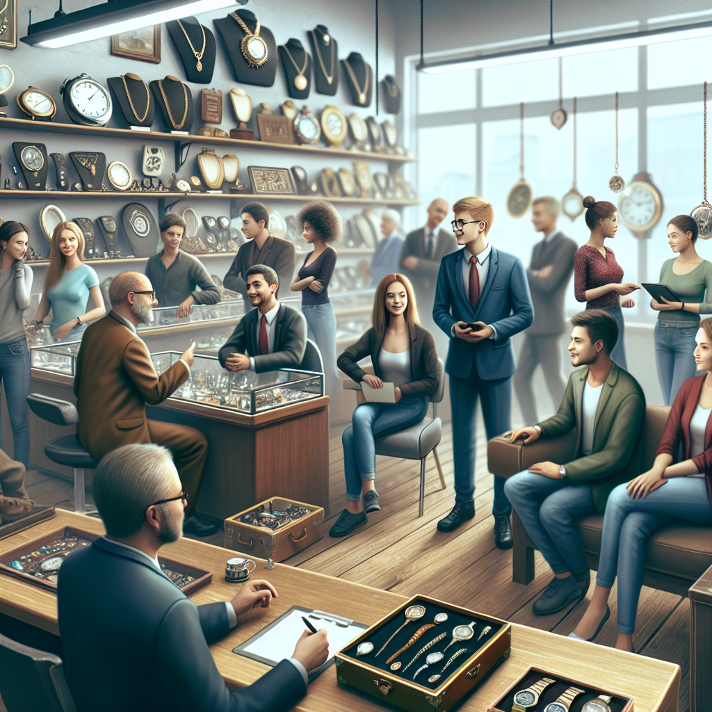 A friendly negotiation scene at King Cash Pawn Shop with customers discussing offers with staff amidst various valuable items