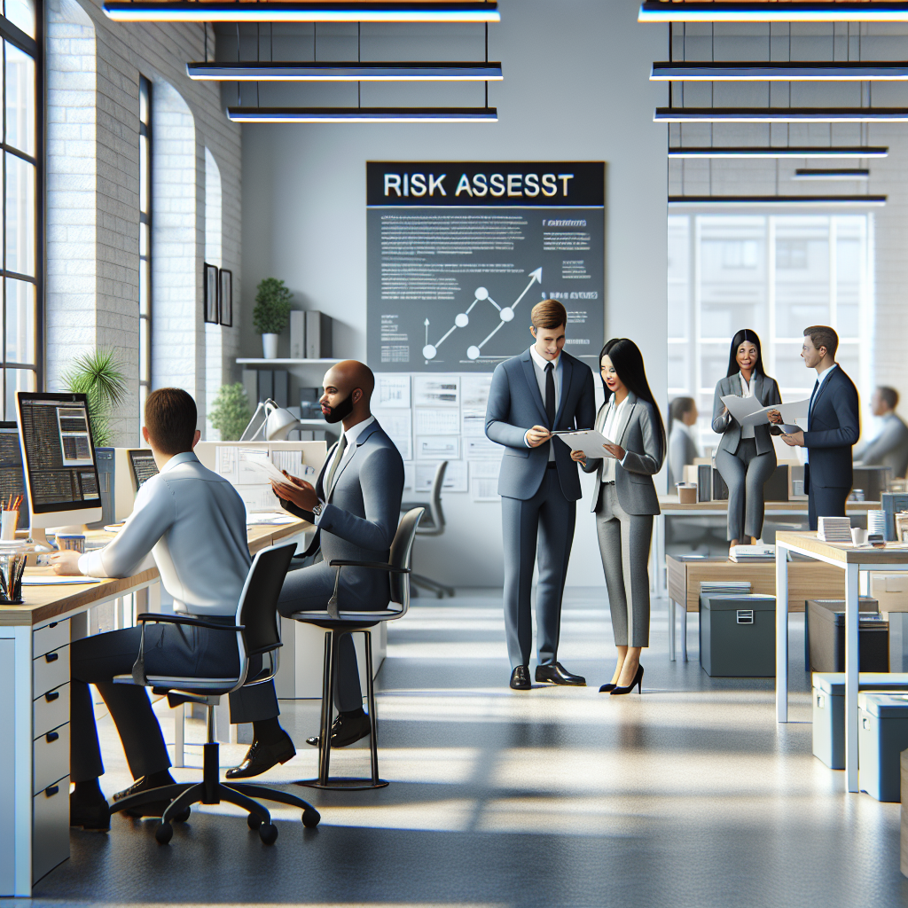 A professional conducting a risk assessment in an office environment with team members discussing