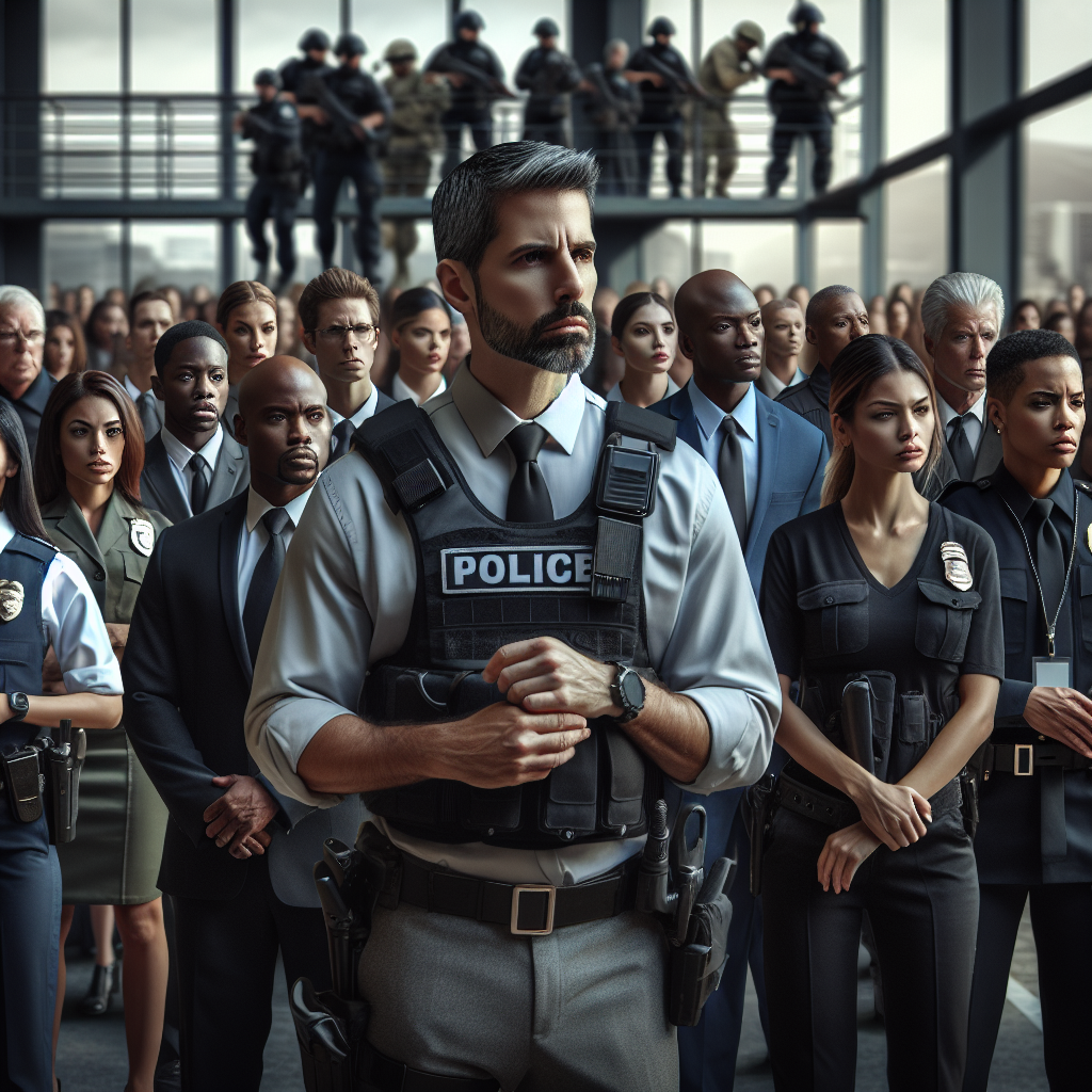 A professional security team coordinating with law enforcement during an emergency drill