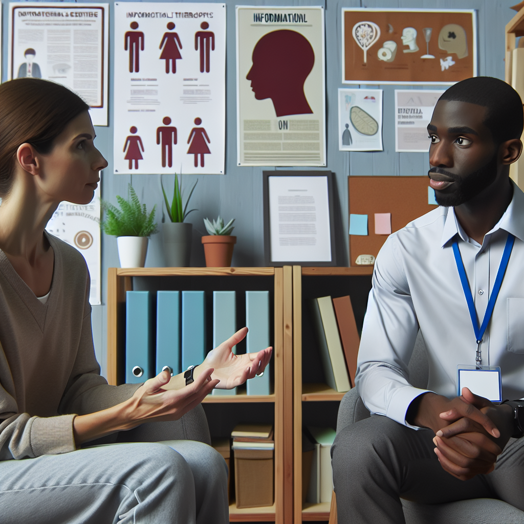 A parent discussing options with an experienced ABA therapist in a welcoming therapy center setting