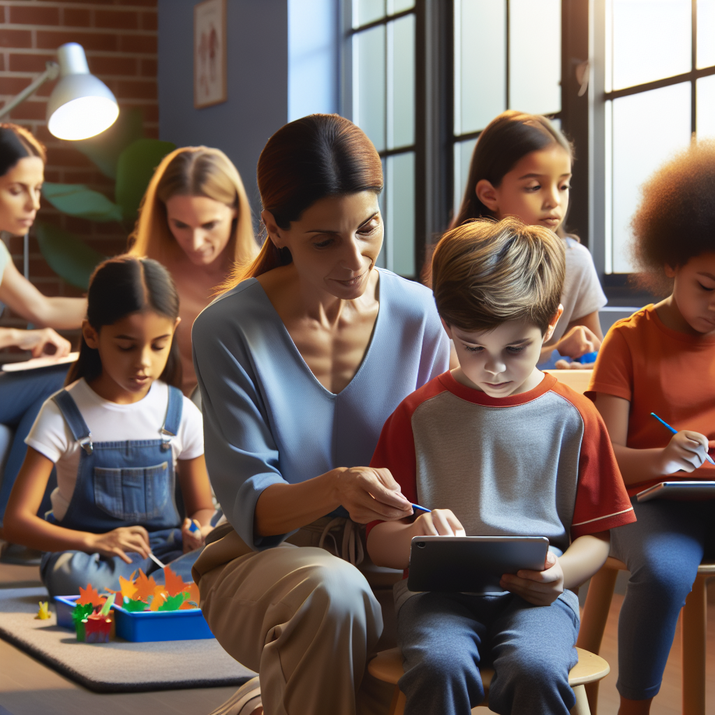 A diverse group of children engaging in an interactive ABA therapy session led by an experienced therapist