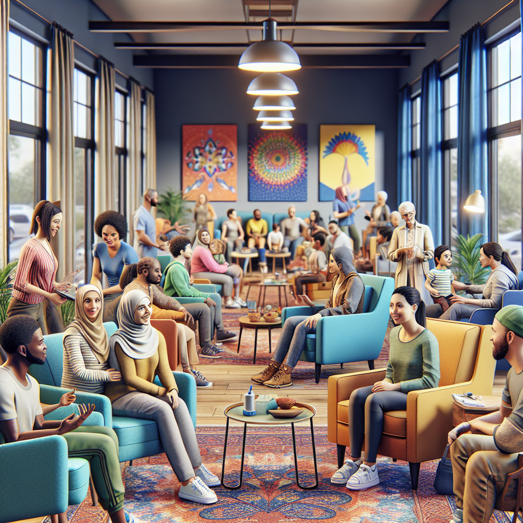 A welcoming ABA therapy center with diverse families interacting with therapists