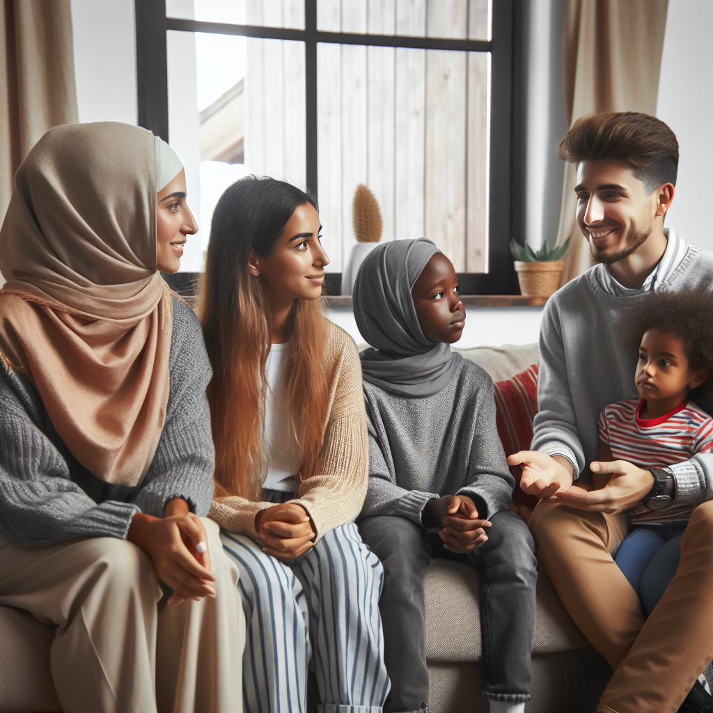 A diverse family sitting together in a cozy living room engaged in conversation with a therapist