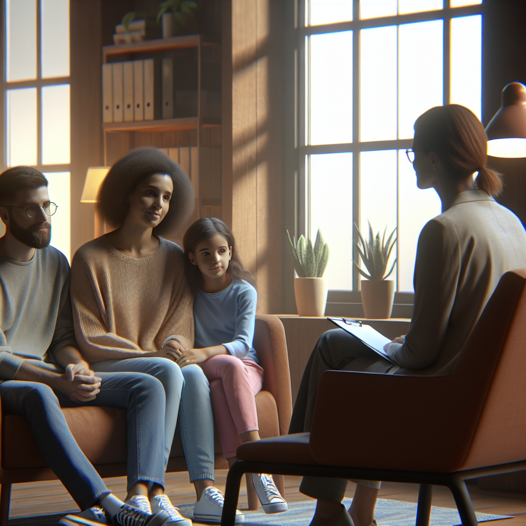A warm scene depicting a family sitting together with a therapist in a serene office environment, discussing their feelings