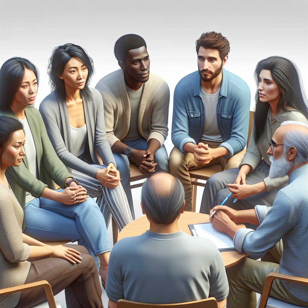 A diverse group of people engaging in discussion around a table with a compassionate therapist facilitating