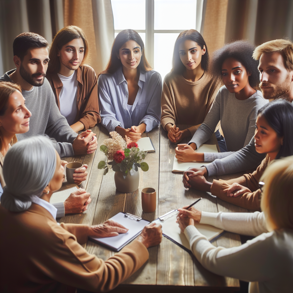 A family gathered around a table discussing their emotions with a therapist present, showing engagement and connection