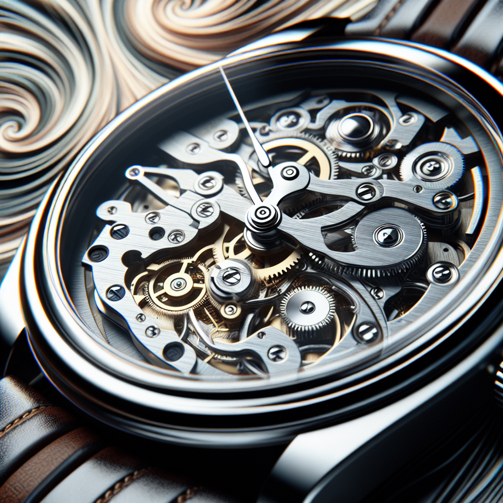 Close-up view of a Fr&eacute;d&eacute;rique Constant automatic watch showcasing intricate movement details, elegant design elements, and high-quality materials against an artistic backdrop.