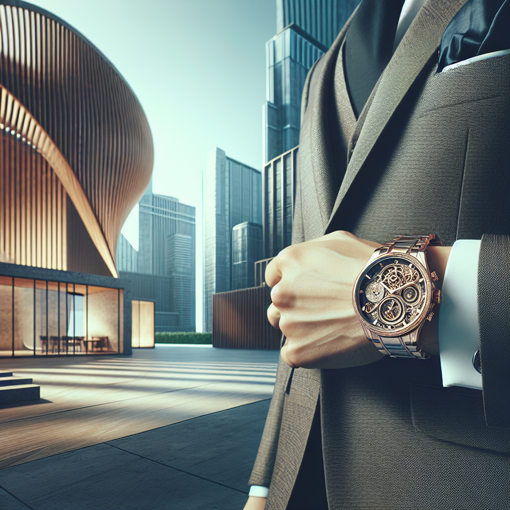 A stylish individual wearing a Fr&eacute;d&eacute;rique Constant watch in an urban setting showcasing its elegant design against modern architecture.