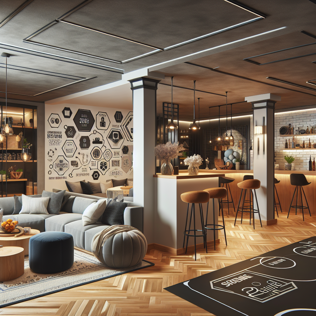 A stylishly finished basement showcasing various design ideas including modern decor, cozy seating areas, and functional spaces like a home gym and wet bar