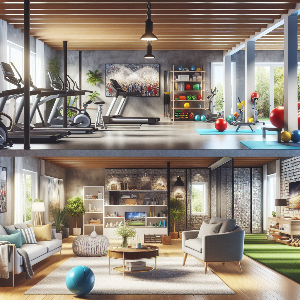 A bright and inviting finished basement featuring various functional areas like a home gym, game room, and guest suite, showcasing modern decor