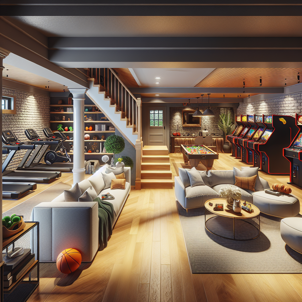 A beautifully designed finished basement showcasing distinct areas like a home gym, game room with arcade machines, and a cozy guest suite with modern decor