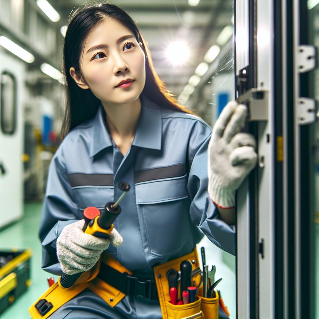 A technician performing preventive maintenance on commercial doors in a bright facility