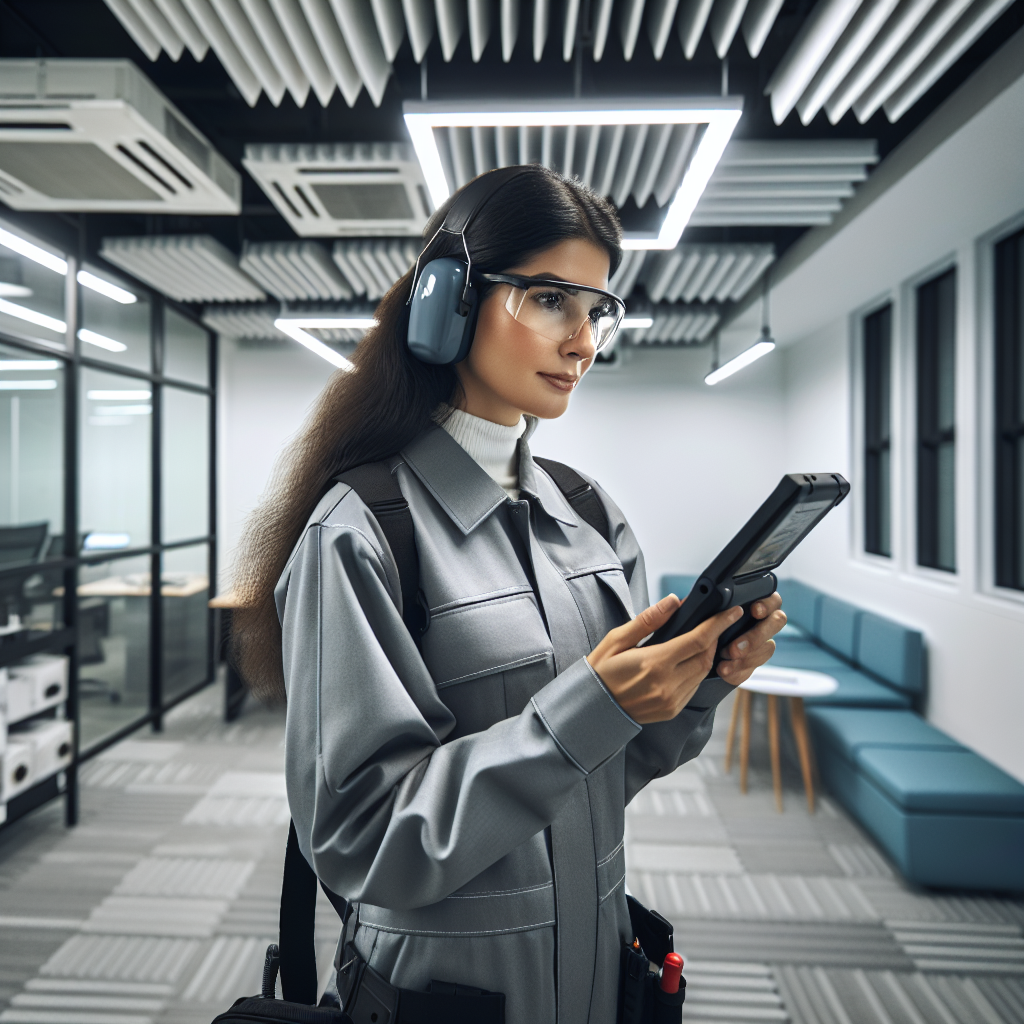 A technician inspecting commercial HVAC systems in a clean office environment