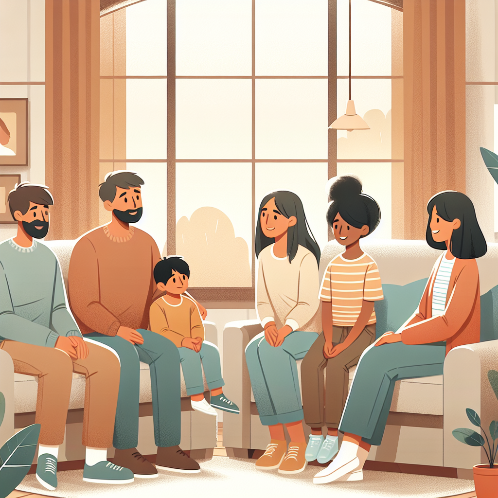 A diverse family sitting together in a cozy living room during a therapy session, engaging positively with a therapist