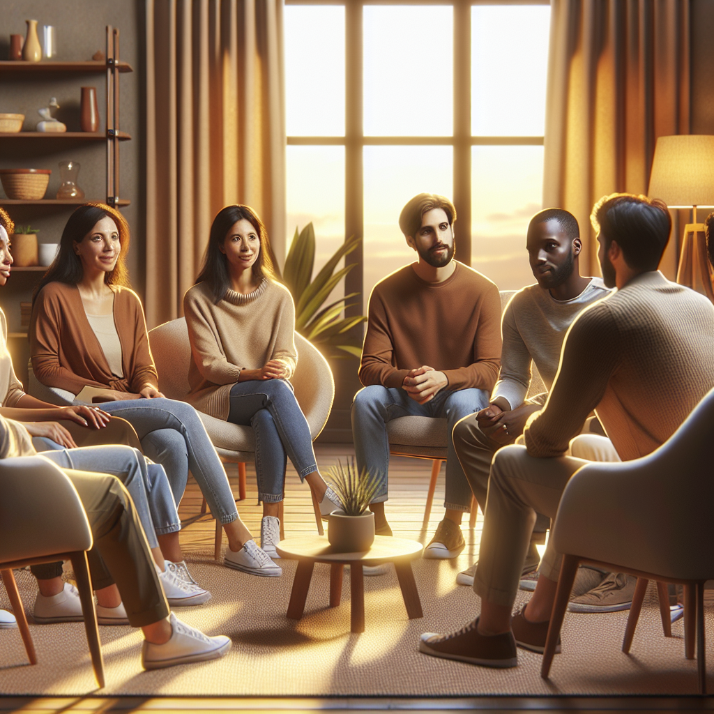 A cozy family gathering around a therapist, engaging in open dialogue during a session