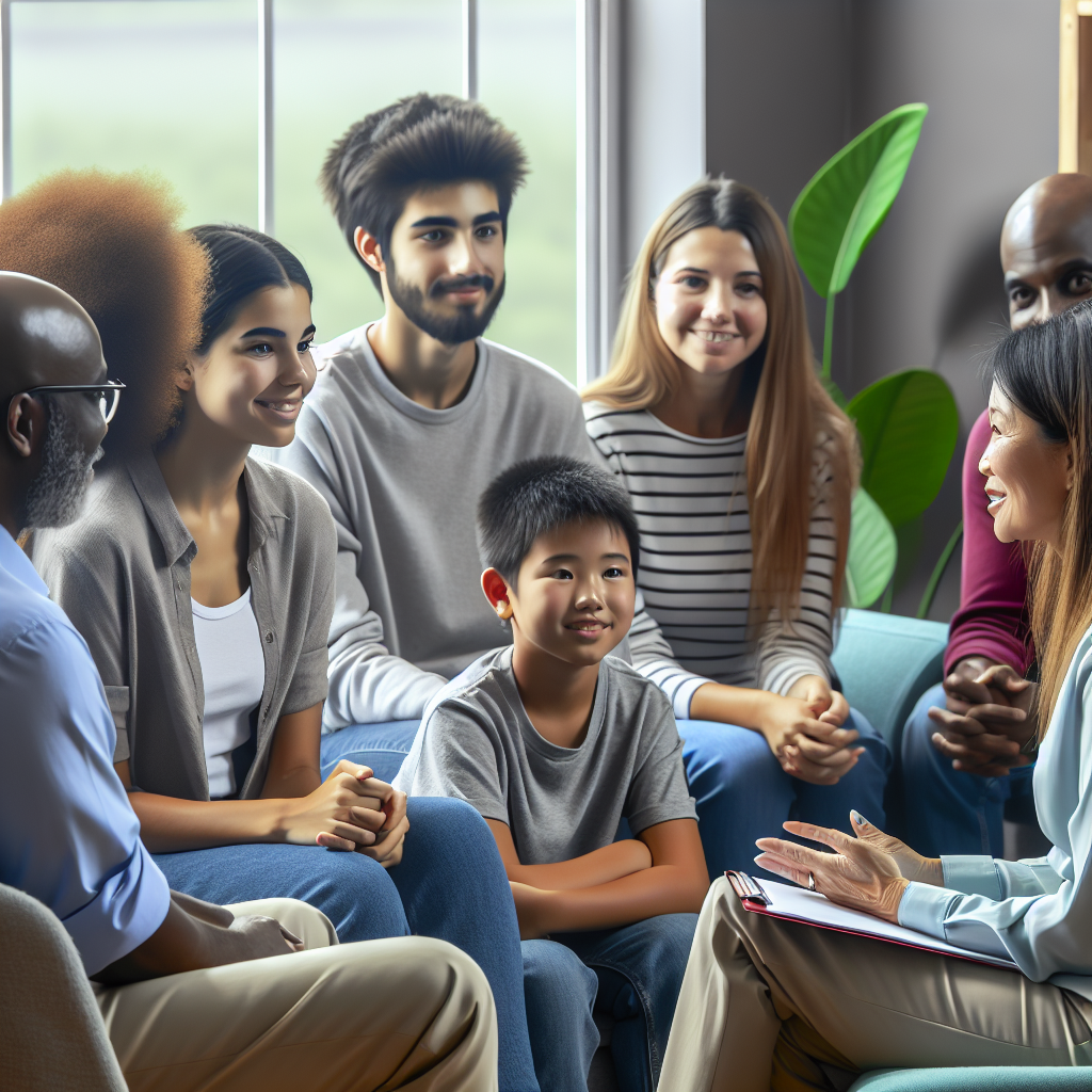 A diverse group of family members engaging positively during a counseling session with a therapist