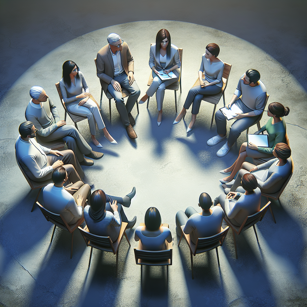 A family engaged in therapy, sitting in a circle with a therapist guiding them through discussion, focusing on mutual understanding