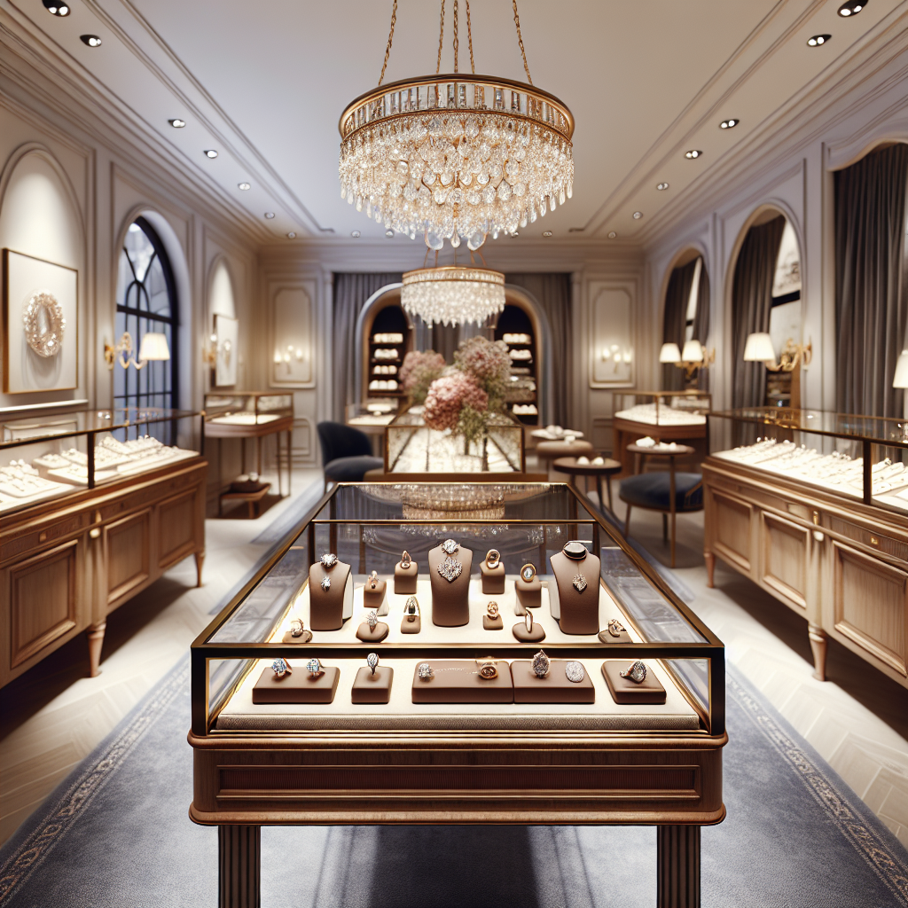 A stylish <a href='https://www.allengoldandsilverexchange.com/tl/magbenta-ng-gintong-alahas-sa-isang-bagong-tindahan-sa-frisco-ngayon/'>Dallas jewelry store</a> interior showcasing various types of jewelry including engagement rings and vintage pieces.