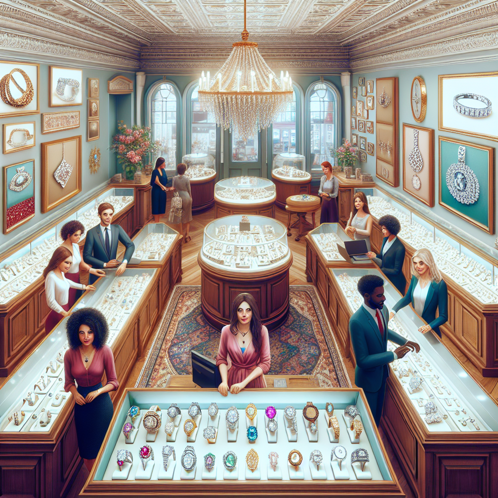 A vibrant interior shot of a Dallas jewelry store showcasing various types of jewelry including engagement rings and vintage pieces along with friendly staff assisting customers.