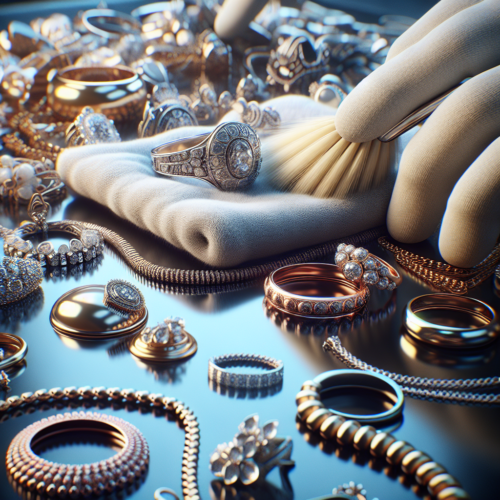 A close-up shot of various types of jewelry being cleaned with soft cloths and brushes on a polished surface.