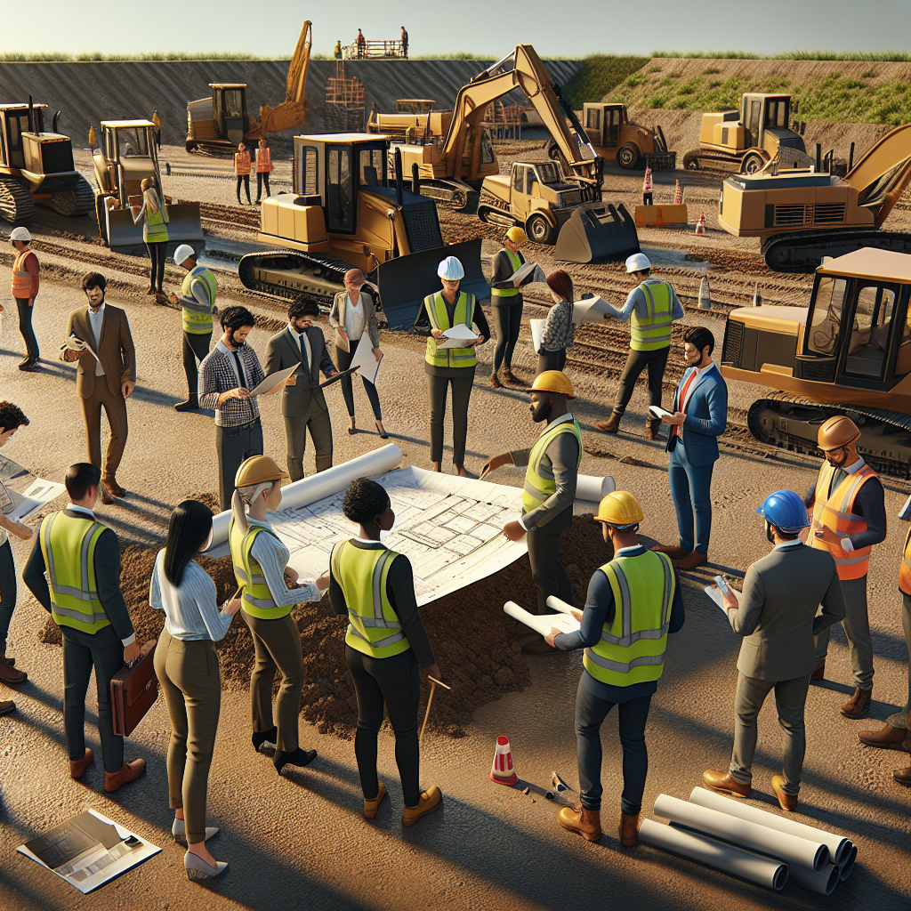 A construction crew surveying land with heavy machinery while checking plans on-site