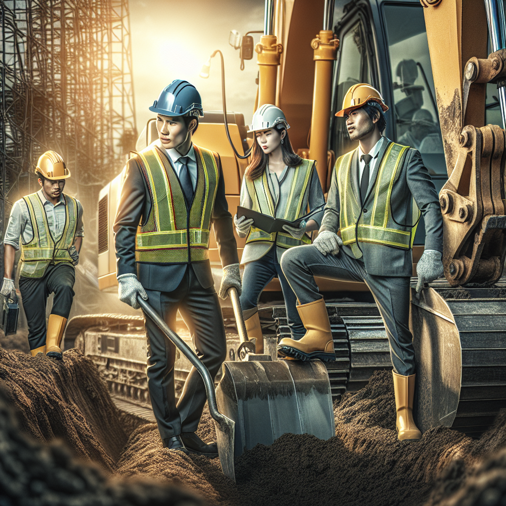 A professional excavation crew working safely on-site with heavy machinery while wearing protective gear