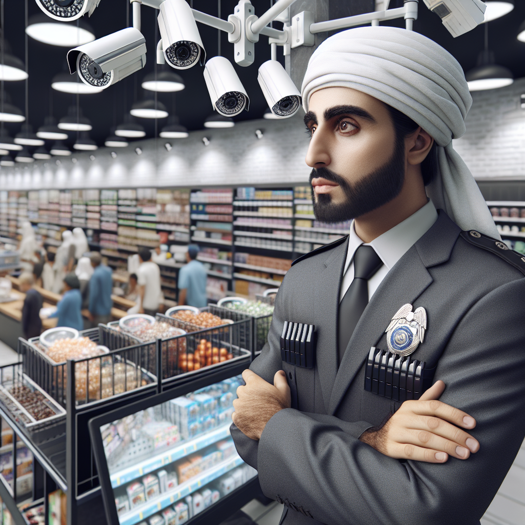 A professional security guard monitoring a busy retail store with CCTV cameras visible