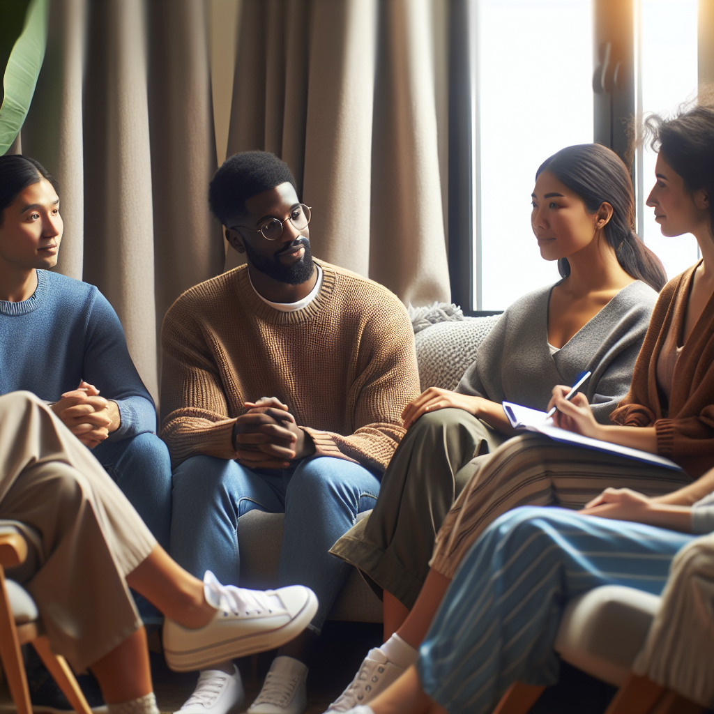 A diverse group of people sitting together in a cozy therapy session discussing mental health openly