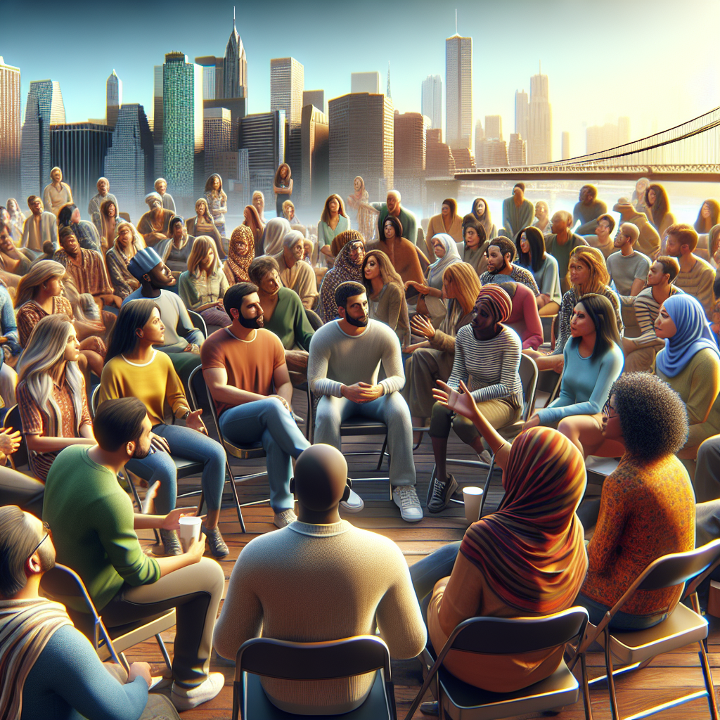 A vibrant community event focused on breaking down mental health stigma with diverse participants engaging in discussions