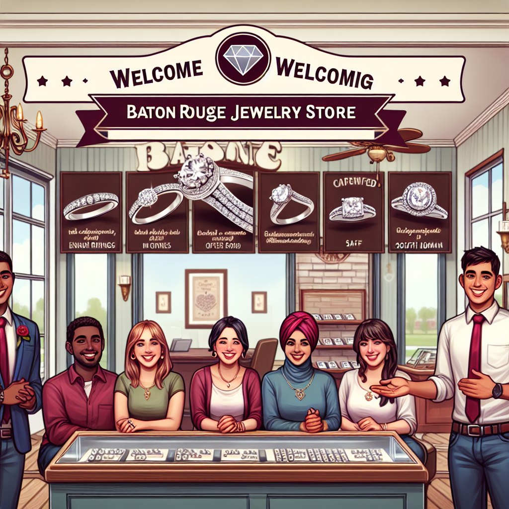 A cozy scene inside a charming Baton Rouge jewelry store showcasing handcrafted engagement rings and personalized service with smiling staff