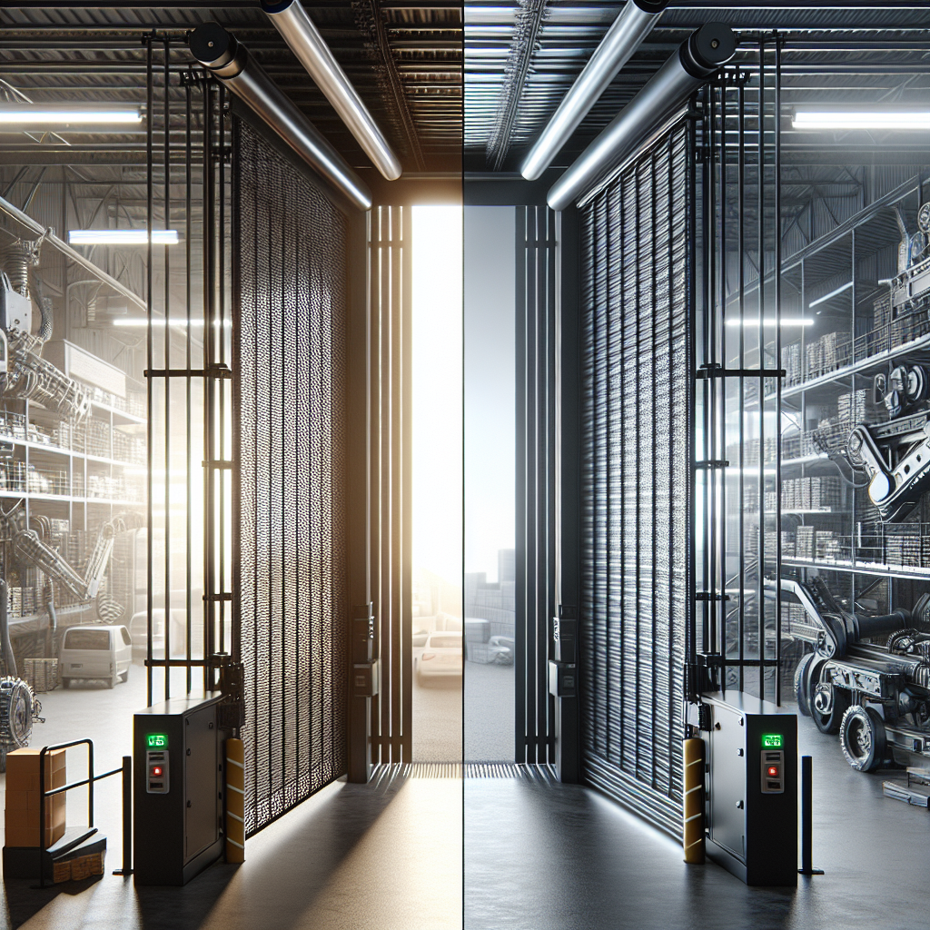 A visual comparison showcasing both manual and automatic roll-up gates in different settings (commercial vs industrial), highlighting their mechanisms.