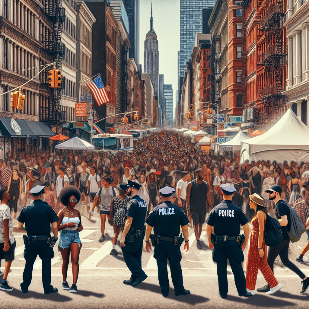 A busy NYC street during an outdoor festival with visible police presence ensuring compliance with event regulations.